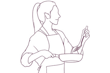 beautiful girl in apron cooking hand drawn style vector illustration