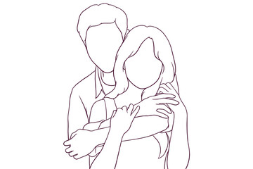 young couple hugging hand drawn style vector illustration