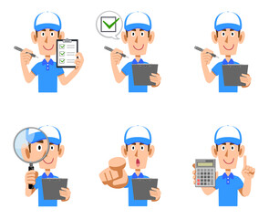 虫眼鏡や書類を持ち、ポロシャツと帽子を着用した男性の上半身　6種類のセット
