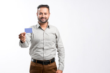 Indian man showing card on white background
