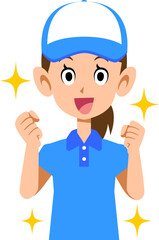 半袖のポロシャツ姿で帽子をかぶった女性スタッフの上半身
