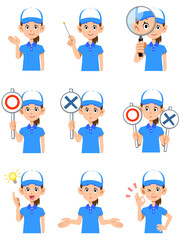 半袖のポロシャツ姿で帽子をかぶった女性スタッフの上半身　9種類の表情とポーズ2
