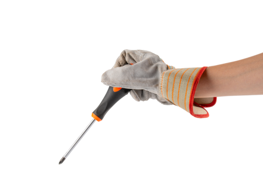Hand in a cloth glove holds a screwdriver tools on transparent background
