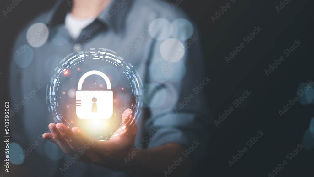 Poster businessman holding key icon in hand, internet security concept, cyber security online, digital secu