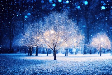 Christmas background. Magic glowing snowflakes in winter nature landscape. Beautiful winter scene with bokeh. Winter fairytale. Illuminated lights shine tree