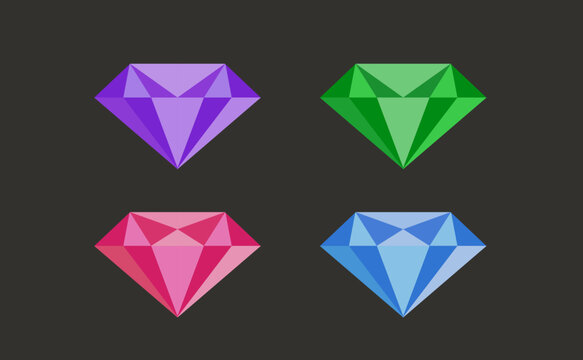 Gem diamond stone icon vector green, blue red pink purple set cut out flat isolated graphic illustration, gemstone diamant jewel for jewelry shop store logo or game element design clip art image