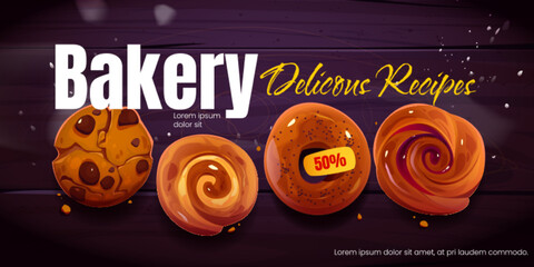 Bakery shop promo banner, social media ads. Price off promo template design for bread or bake house production with chocolate cookie, buns or bagel, pastry advertising, Cartoon vector illustration