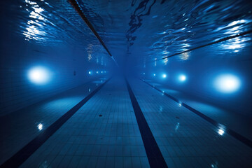 underwater view of swimming pool with underwater light in the evening