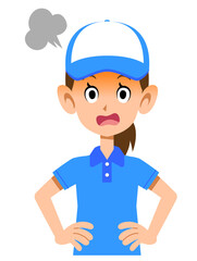 半袖のポロシャツ姿で帽子をかぶった女性スタッフの怒りの表情　上半身
