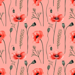 Seamless pattern with red poppy flowers.