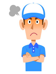 半袖のポロシャツ姿で帽子をかぶった男性スタッフの怒りの表情　上半身
