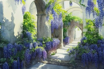 Garden pathway of wisteria flowers, path ancient, monastery, church - obrazy, fototapety, plakaty
