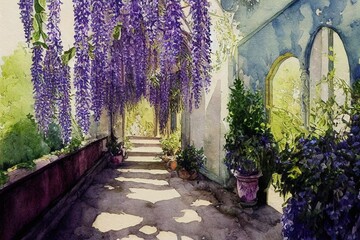 Fototapeta na wymiar Garden pathway of wisteria flowers, path ancient, monastery, church