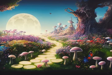 Foto op Aluminium fantastic wonderland landscape with mushrooms, lilies flowers, morpho butterflies and moon. illustration to the fairy tale Alice in Wonderland © 2rogan