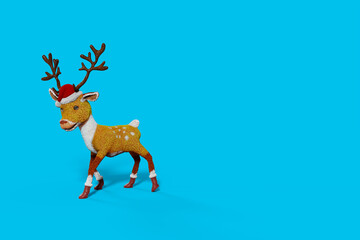 One cute young reindeer stands against a blue studio backdrop in this 3D-rendered scene, ready to celebrate Christmas.