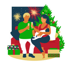 Happy young family celebrate christmas holidays. New year and merry christmas party at home. Husband and wife together with baby. Green tree and fireworks background. Isolated on white.