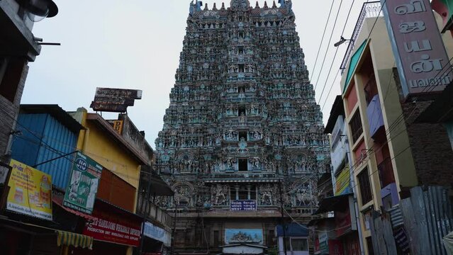 Madurai Meenakshi Temple Indian Temple dedicated to the Hindu deity are found in the ancient texts of the Puranas. Dravidian vintage architecture in Tamilnadu India 4k video footage.