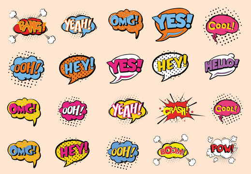 Comic speech bubbles set with different emotions and text Wow, Omg, Gtfo, Hell Yeah, Damn, Wtf . Vector bright dynamic cartoon illustrations