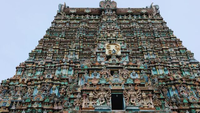 Madurai Meenakshi Temple Indian Temple dedicated to the Hindu deity are found in the ancient texts of the Puranas. Dravidian vintage architecture in Tamilnadu India 4k video footage.
