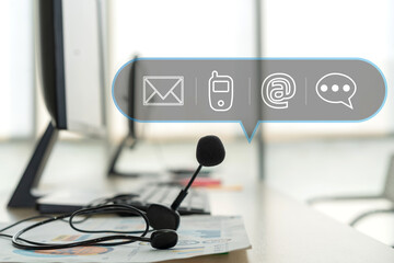 Call center customer support hotline phone services agen working with headset icon contact us and...