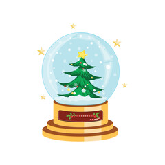 Christmas snow globe New Year glass snow globe with tree and snow Vector illustration isolated on white background. Perfect for coloring book, textiles, icon, web, painting, books, t-shirt print.