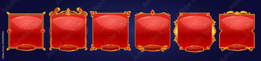 Poster golden vintage game frames, ui medieval square red buttons withnborders from metal, gems. cartoon em