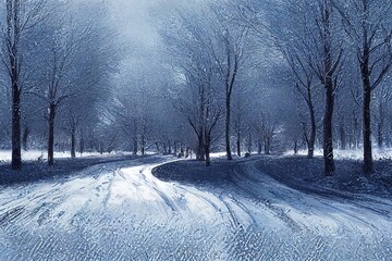 Obraz premium winter road and snow with landscape of trees with frost
