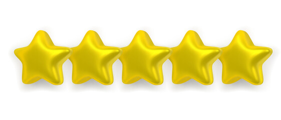 five realistic shiny lucky stars isolated on white background. 3D rendering. Achievements for games. Customer rating feedback concept. Smooth yellow stars. 