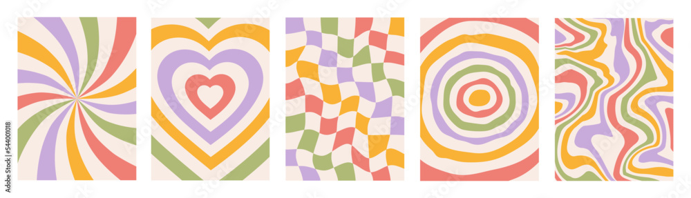 Poster set of vertical backgrounds in style retro 70s, 80s. groovy hippie abstract psychedelic design. past