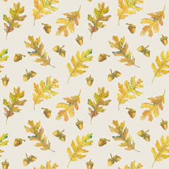 Seamless pattern with oak leaves and acorns. Hand-drawn watercolor illustration. Wild plants. Brownish on light background.