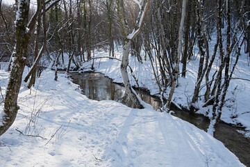 River forest winter. Winter atmospheric background. The concept of snow melting the onset of spring. The bright sun breaks through the trees. Fabulous landscape. A walk through the snow-covered forest