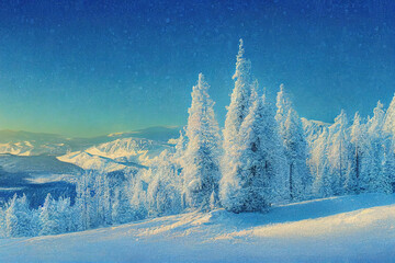 Natural Winter landscape in Sheregesh ski resort in Russia, Kemerovo. Green conifer fir trees on top of mount against background of mountain peaks. Winter nature view, cold weather, sunny day