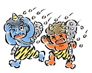 豆をまかれて逃げる赤鬼と青鬼　筆タッチイラスト