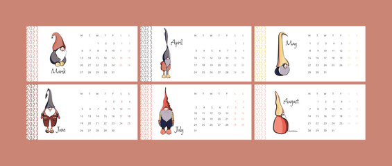 Calendar for 2023 summer and spring months with cartoon vector dwarves. Polygraphy of calendars.