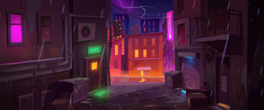 Back street alley with old city houses in rain at night. Empty dark alleyway with town buildings, neon signs on brick walls, trash bins and lightning in sky, vector cartoon illustration