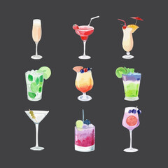 Set of watercolor cocktails vector illustration - obrazy, fototapety, plakaty