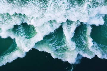 Top view of waves breaking on a beach, water splits the composition in half, tropical island, Beautiful Beach Sand Landscape Copyspace Background.