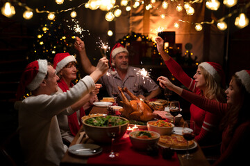 Table of roast turkey and food in christmas and new year party of American family at home