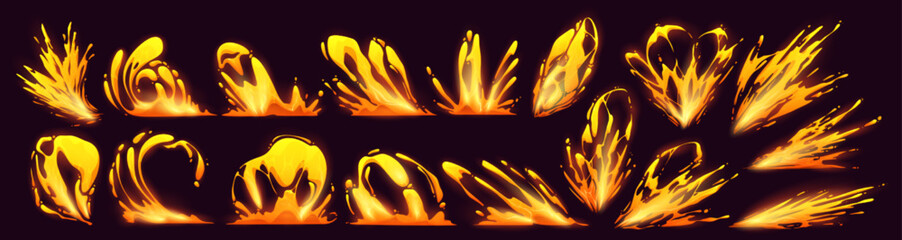 Lava splash, vfx game video effect. Cartoon 2d liquid fire drops, yellow flow and swirls design elements, explosion, burst, boom, spatter blast, drip or ripple dynamic animation motion, Vector set © klyaksun