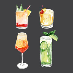 Watercolor illustration of cocktails vector illustration. Mango pina colada, aperol spritz, whiskey sour, mojito.