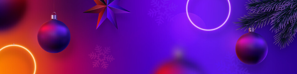Christmas and New Year eve banner. Hanging red and purple glowing; neon circles; Xmas balls; snowflake; star on futuristic backdrop. Motion blur effect.