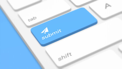 3D illustration keyboard with blue submit button