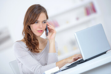 Lady using laptop, on telephone
