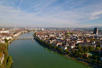 Fototapeta na wymiar Aerial view of City of Basel with Rhine River and Middle Rhine Bridge on a sunny summer day. Photo taken August 24th, 2022, Basel, Switzerland.