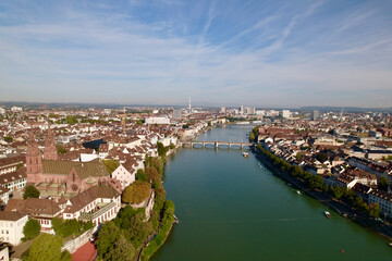 Fototapeta premium Aerial view of City of Basel with Rhine River and Middle Rhine Bridge on a sunny summer day. Photo taken August 24th, 2022, Basel, Switzerland.