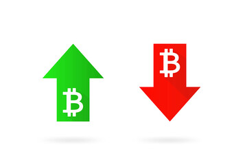 Digital currency sign with green arrow up and red down, price or income vector icon isolated on white background. Vector illustration