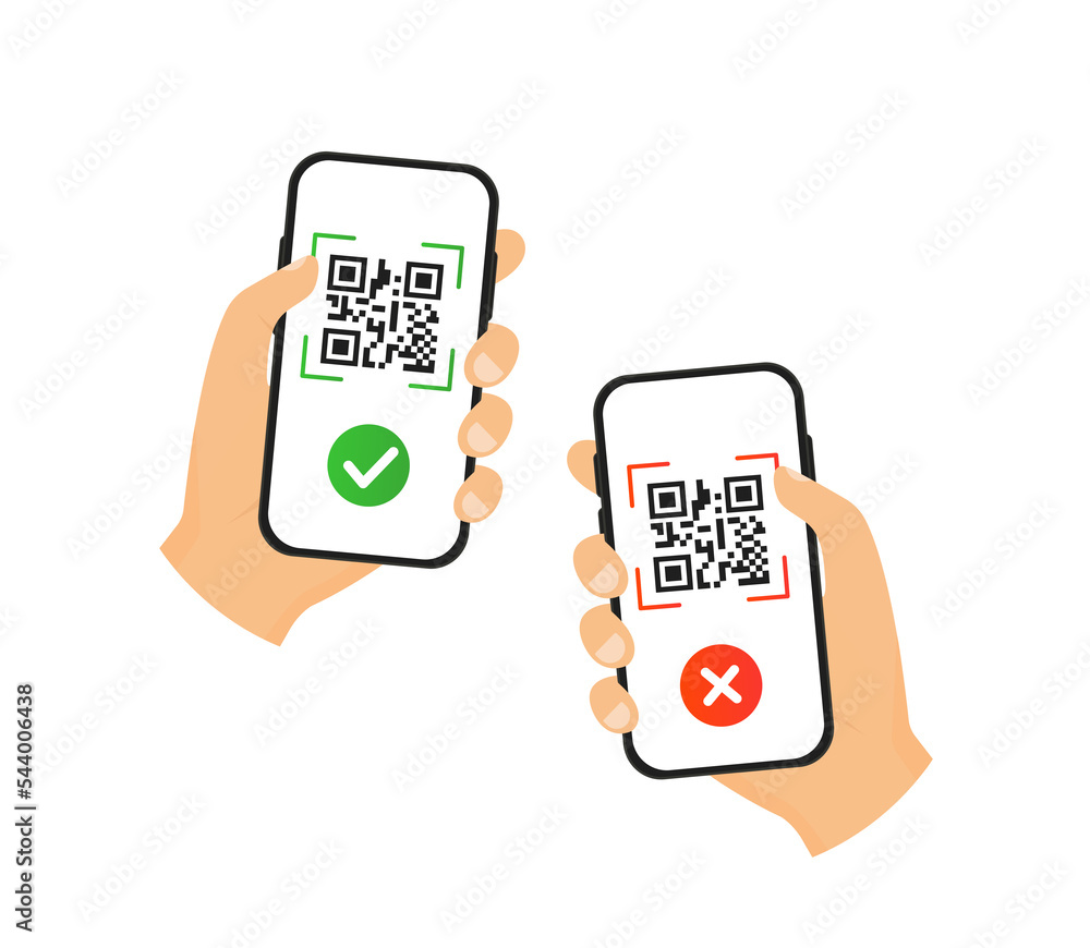 Poster hand holding a phone with qr code check mark confirmation and rejection. vector illustration