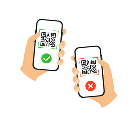 hand holding a phone with qr code check mark confirmation and rejection. Vector illustration