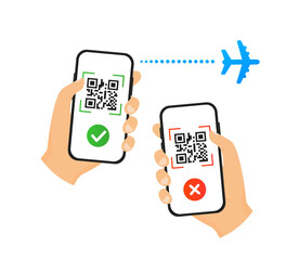 hand holding phone with qr code confirmation and decline check for air travel. Vector illustration