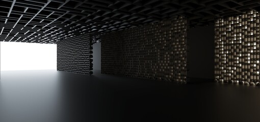 Luxury parametric abstract architectural minimalistic background. Contemporary showroom. Modern black exhibition tunnel. Empty gallery. Neon backlight. Night. Space.  3D illustration and rendering.
